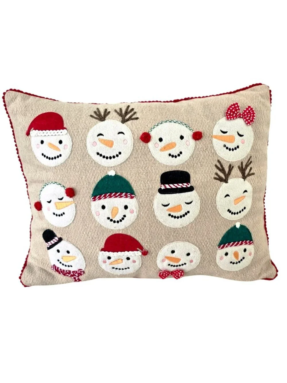 Sincerely Santa Wool Snowman Applique Pillow Cover Rectangle 20x16 Red on Beige